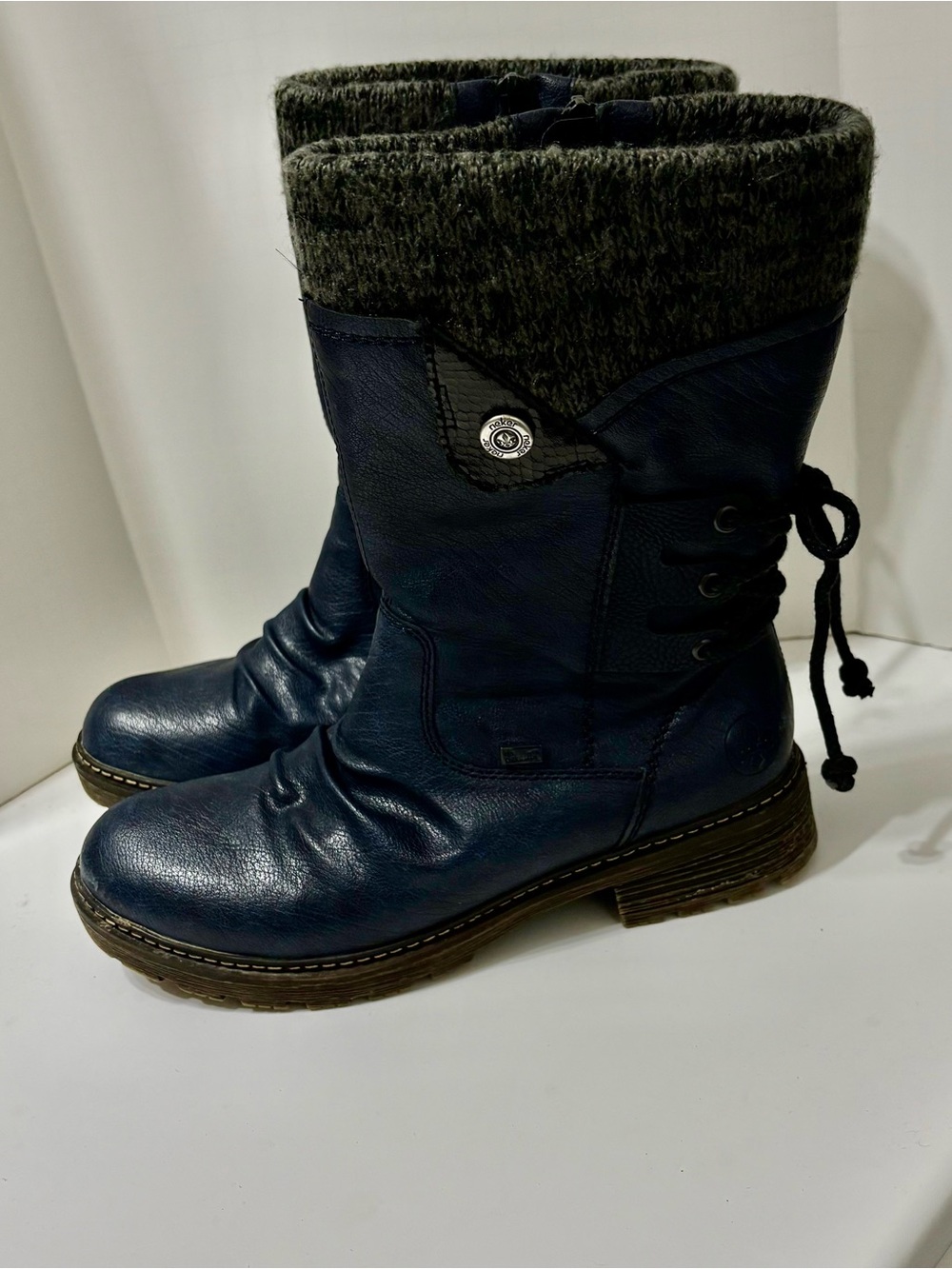 Women's Rieker Navy Blue Knit-Cuff Leather Boots